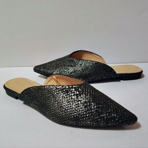 Samilor Women’s Black Metallic Snakeskin Pointed Toe Slip-On Flat Mules Size 9